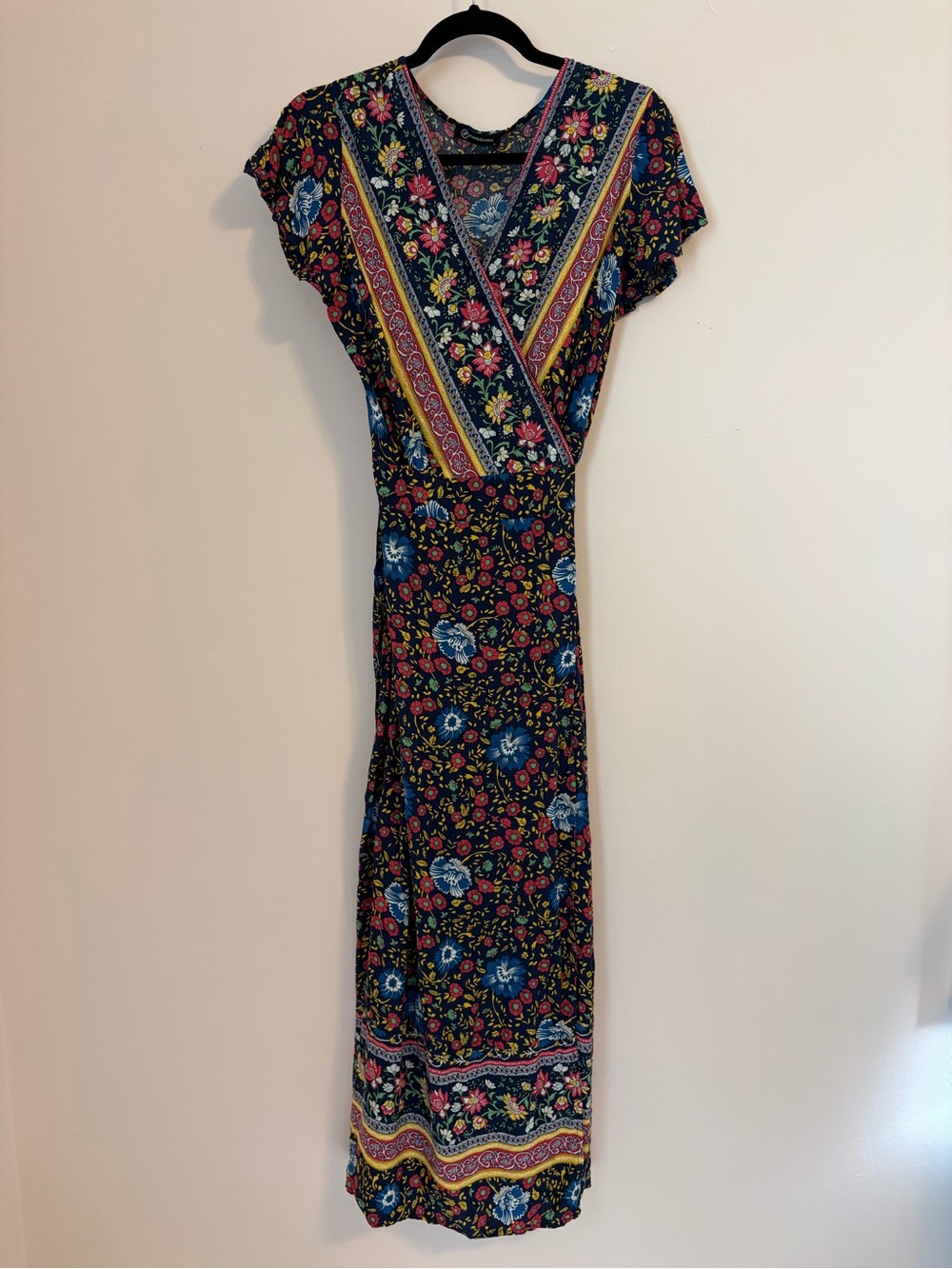 Floral Wrap Maxi Dress in Navy with Multicolor Print, size large